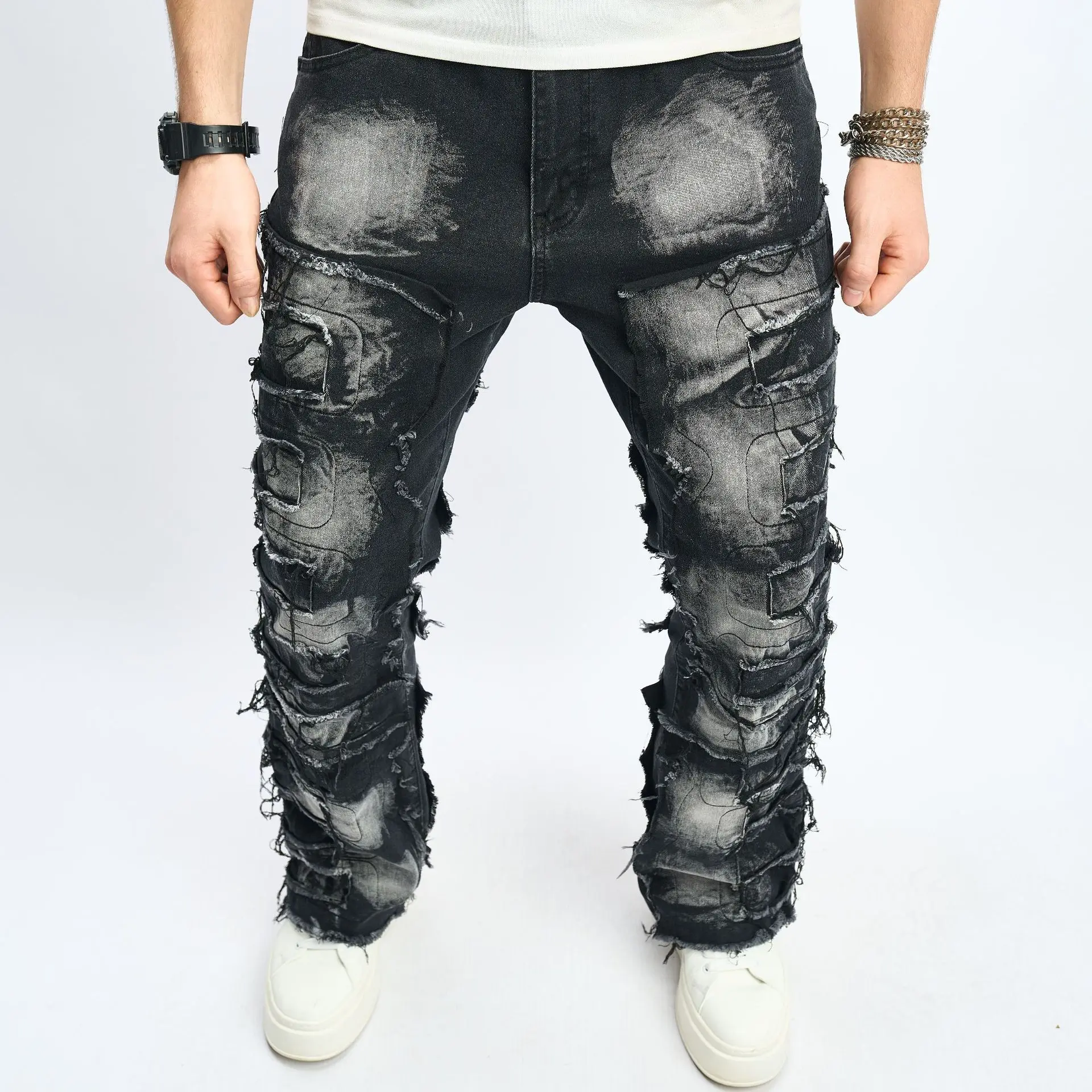 2024 New American Men's Fashion Trendy Denim Long Pants with Whiskering, Slim Fit, Slight Flare, Hip-hop and High Street Styles.