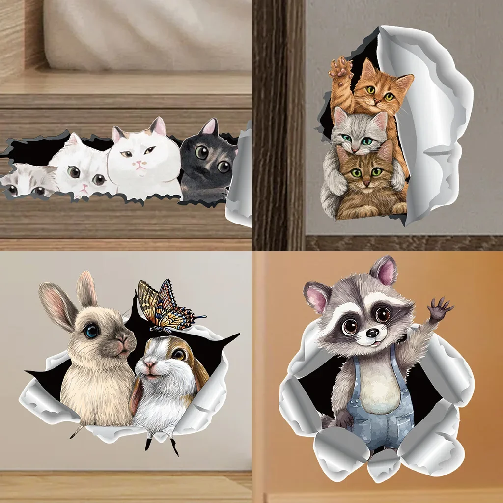 3D Effect Break Out of The Wall Animals Wall Stickers Peel and Stick PVC Cute Kitten Cat Raccoon Rabbit Broken Wall Corner Decor