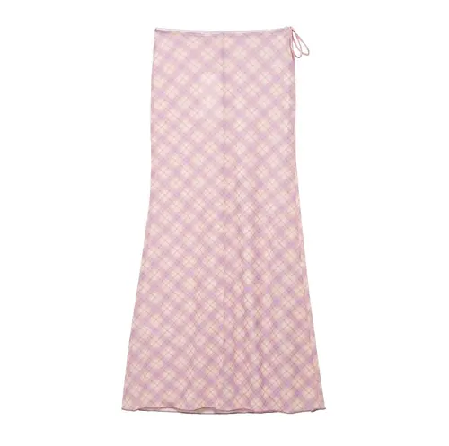 Imagen 2 del producto Falda Midi ajustada de hilo de malla con perspectiva y estampado a cuadros para Mujer, Faldas informales con cordones para Mujer QUN9150