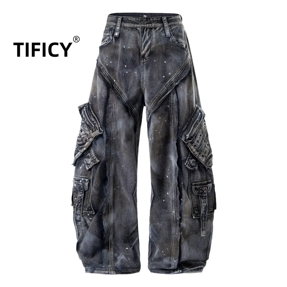 High Street Abandoned Soil Style Workwear Jeans Pants Men's Washed and Worn Splashed Ink Pocket Decoration Wide Leg Denim Pant