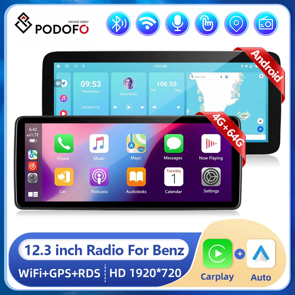 

Podofo 10.25/12.3inch Car Stereo Radio IPS Screen For Benz 4+64G Wireless Carplay Android auto Car Player WIFI GPS FM RDS