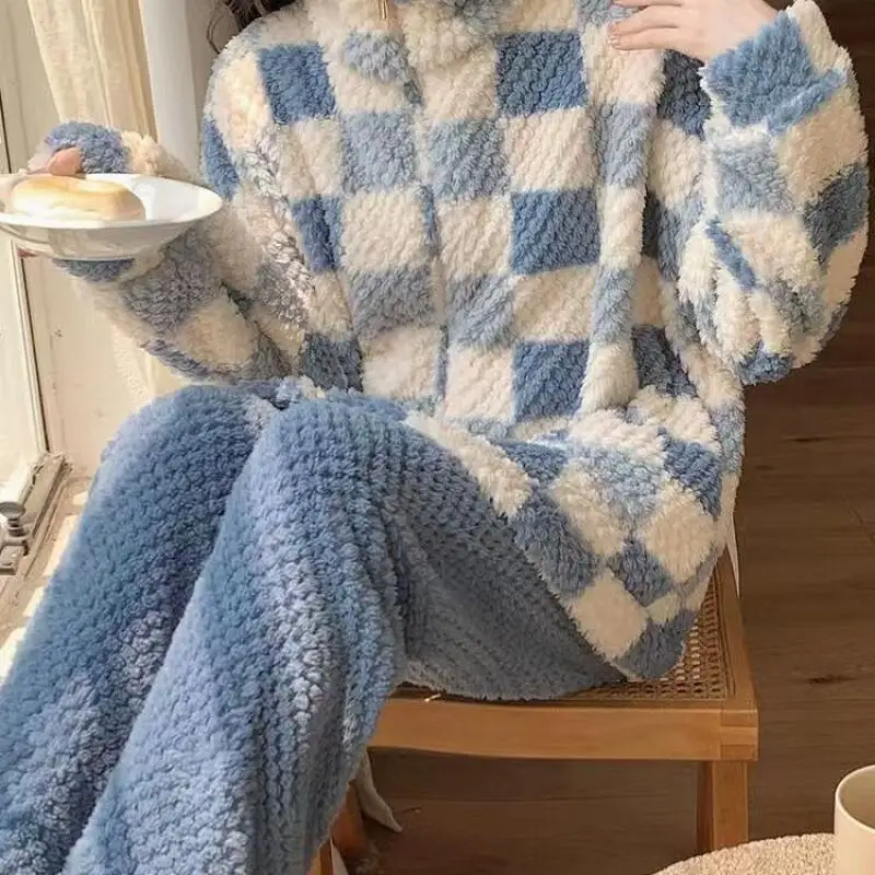 Pigiama a griglia da donna Set di abbigliamento per la casa Pigiama Autunno Inverno Ragazza Studente Nuova cerniera Foderato in pile Addensato Indossabile come capispalla