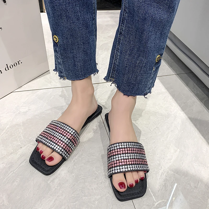 Rhinestone Slippers Women's Flat Bottoms Square Head One-piece Sandals Summer Wear Open-toe Slippers Women Beach Shoes Non-slip