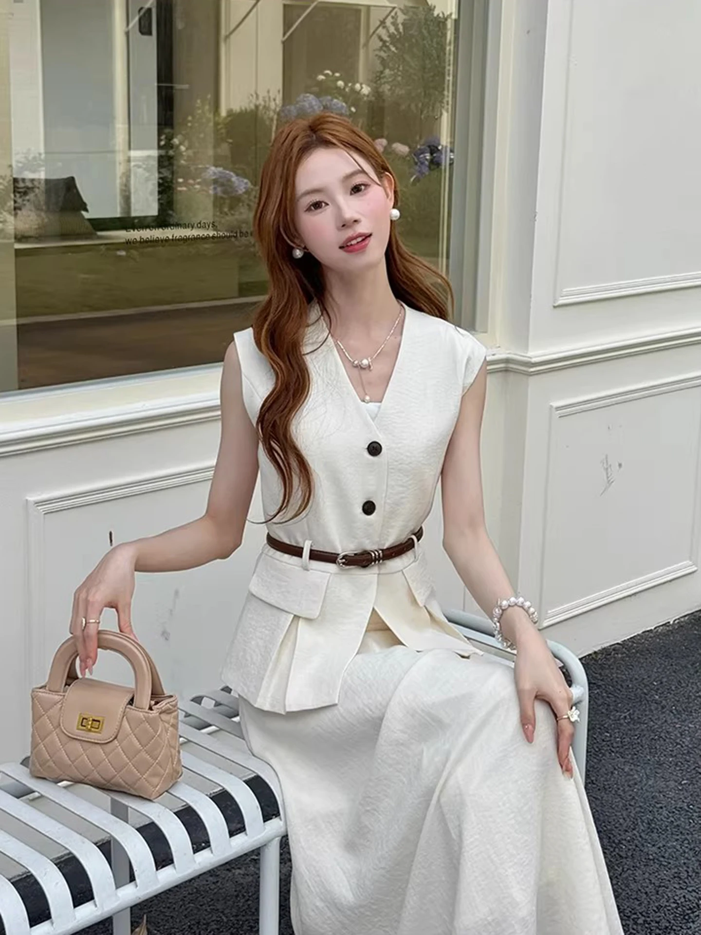 

Fashionable High-Waist Sleeveless Women's Set with Belt Pure Color Summer New Arrival Two-Piece Suit Vest And Skirt
