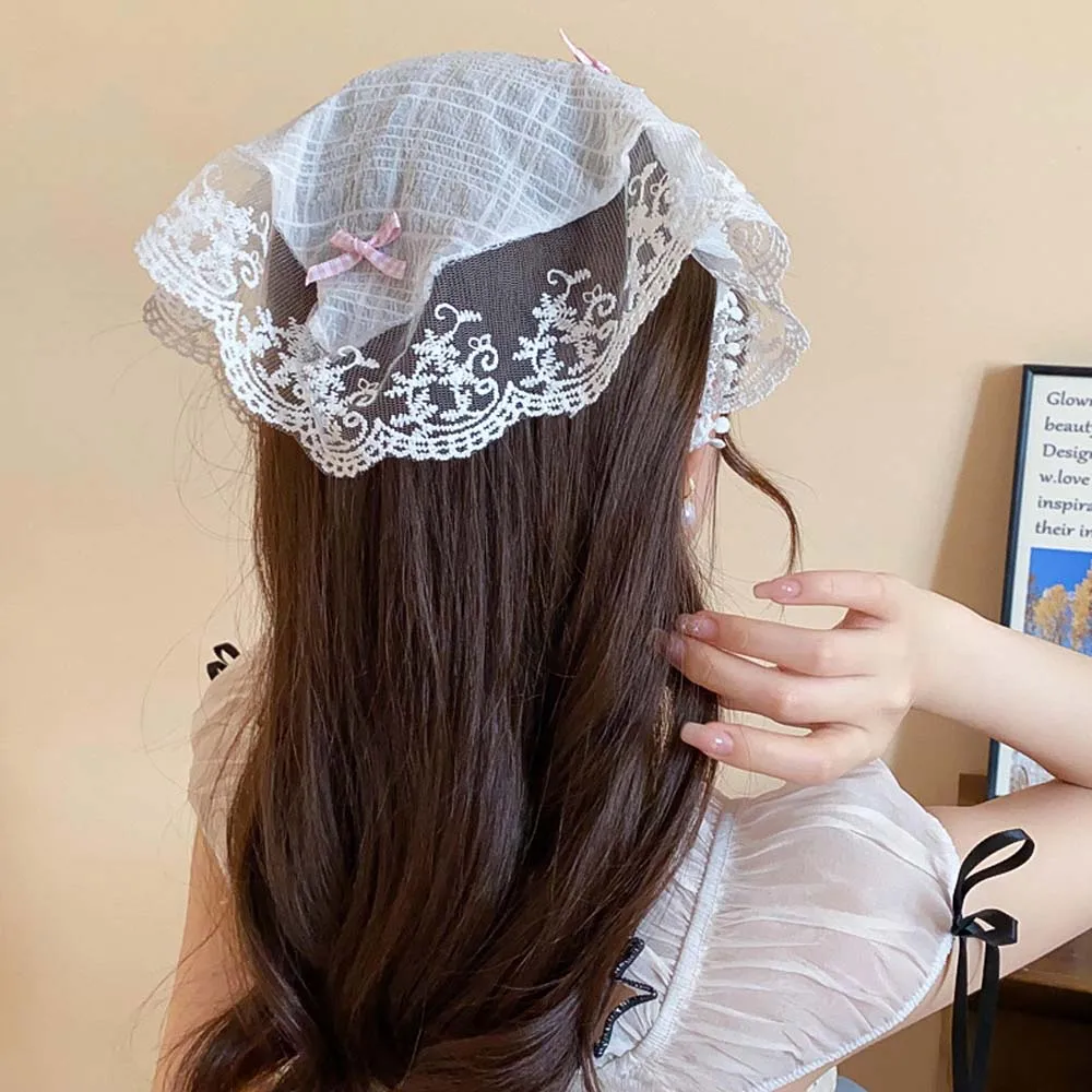 

Countryside Style Bowknot Triangle Bandana Hair Accessories Head Coverings Lace Hair Scarf Wraps Turban Triangle Scarf Spring