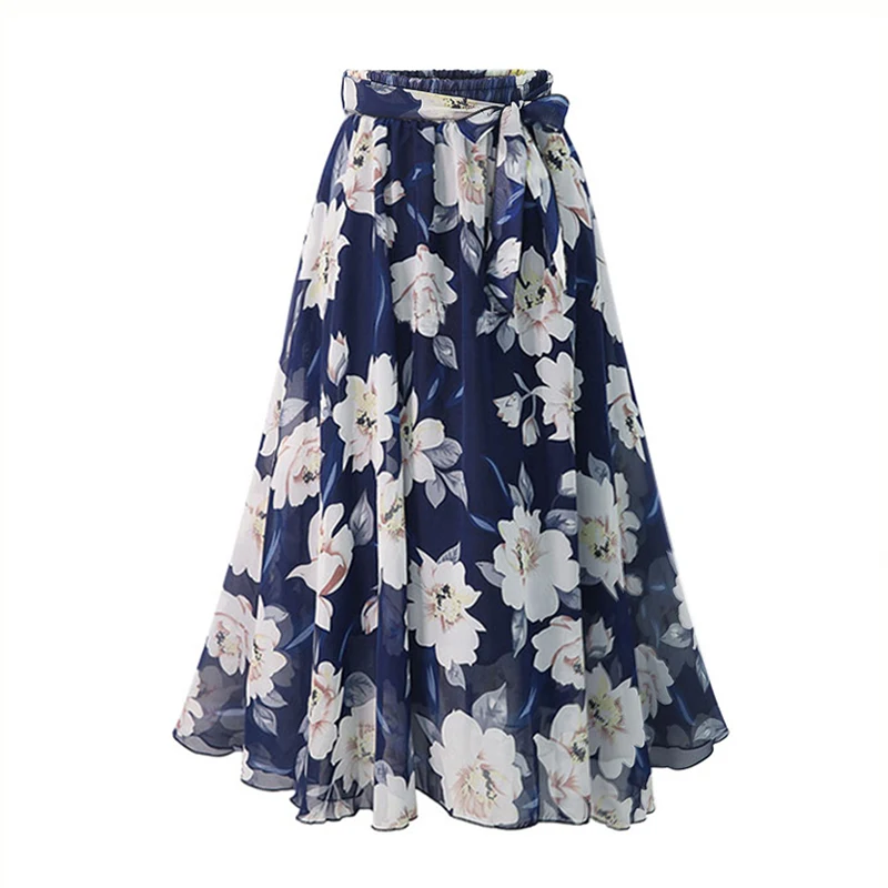 Plus Size Print Floral Skirt Women 2024 Summer Loose Elastic High Waist Chiffon Midi Skirts Lace Up Bow L-5XL Swing Jupe Femme