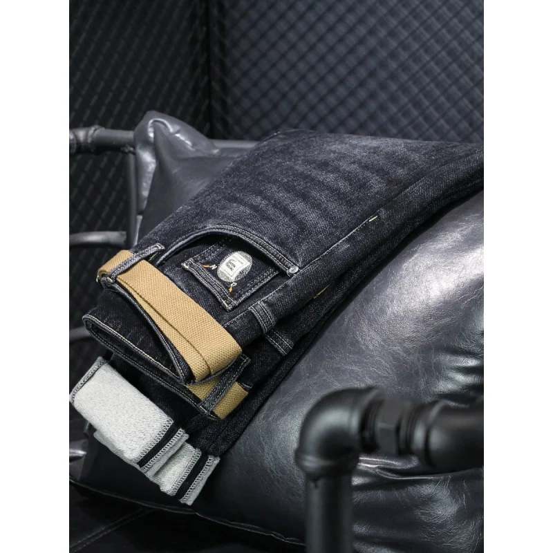 Winter Fleece-Lined Black Jeans Men's Slim Fit Skinny Casual Embroidered High-End Thick Soft Cold-Proof Warm Pants