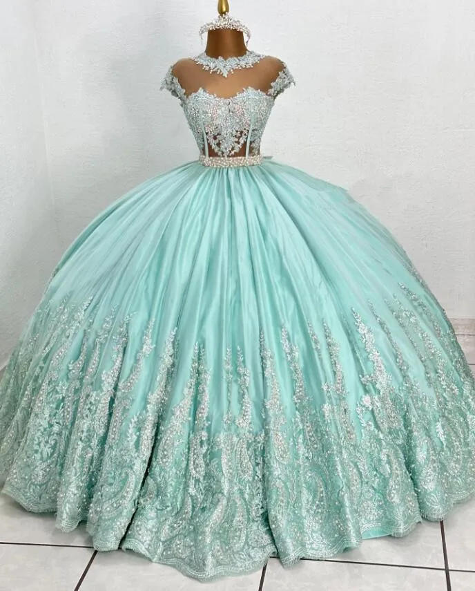 Vestido verde menta princesa mexicana Quinceanera, Luxo Lace Applique Pérolas Puffy Prom Dresses, doce 16, 15