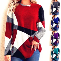 Women Winter Button Geometric Contrast Long Full Sleeve Printed Loose Shirts Top Spring Autumn Elegant Lady T Shirt Tops S-5XL