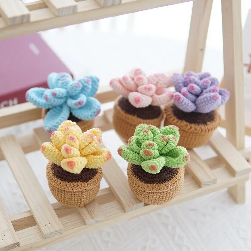 

Colorful Succulent Potted Plants DIY Hand-woven Wool Crochet Artificial Flower Decoration Cute Decoration English Instruction