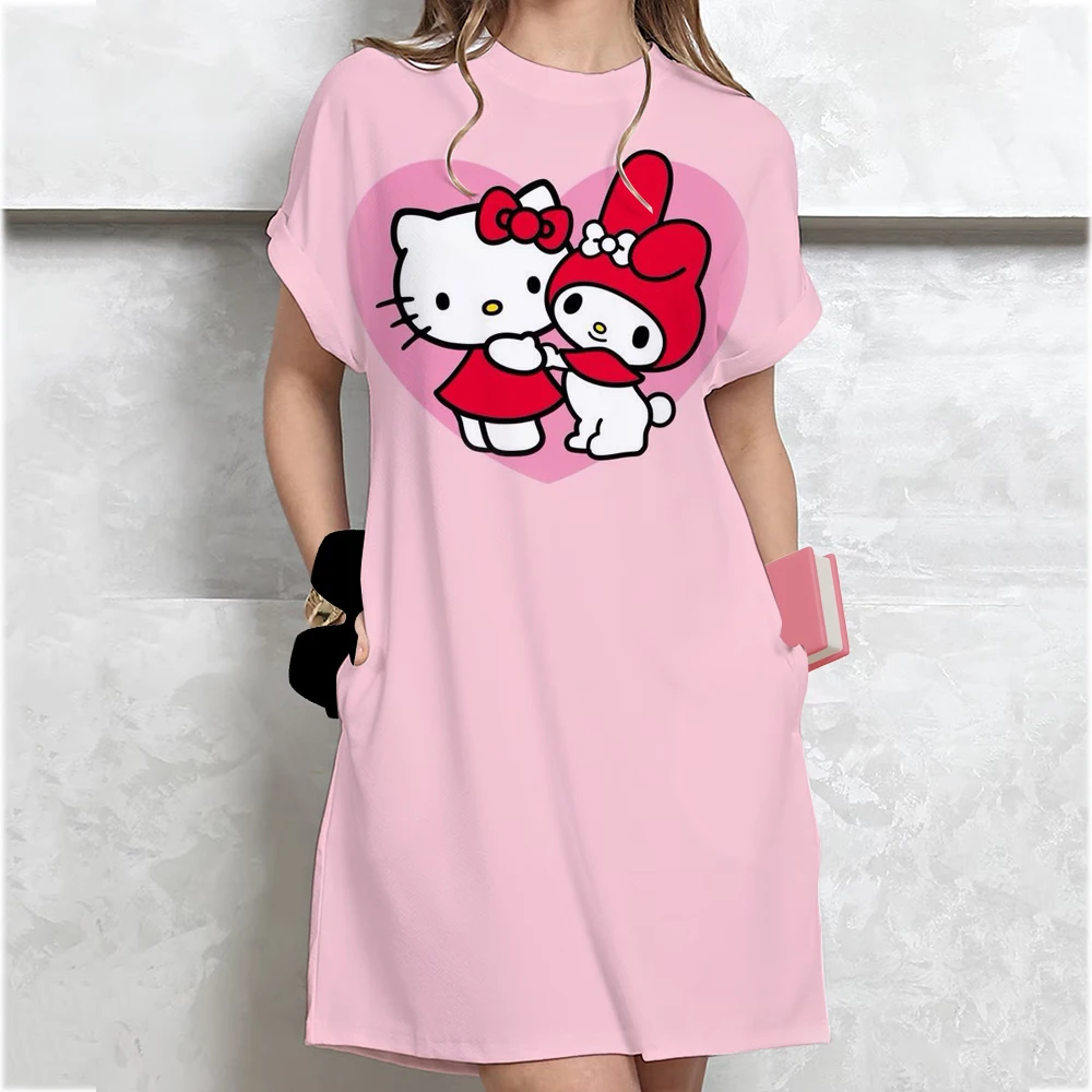 مرحبا كيتي طباعة فستان المرأة الكرتون قصيرة الأكمام س الرقبة تي شيرت فستان موضة لطيف النوم تنورة خلع الملابس الأساسية اليومية