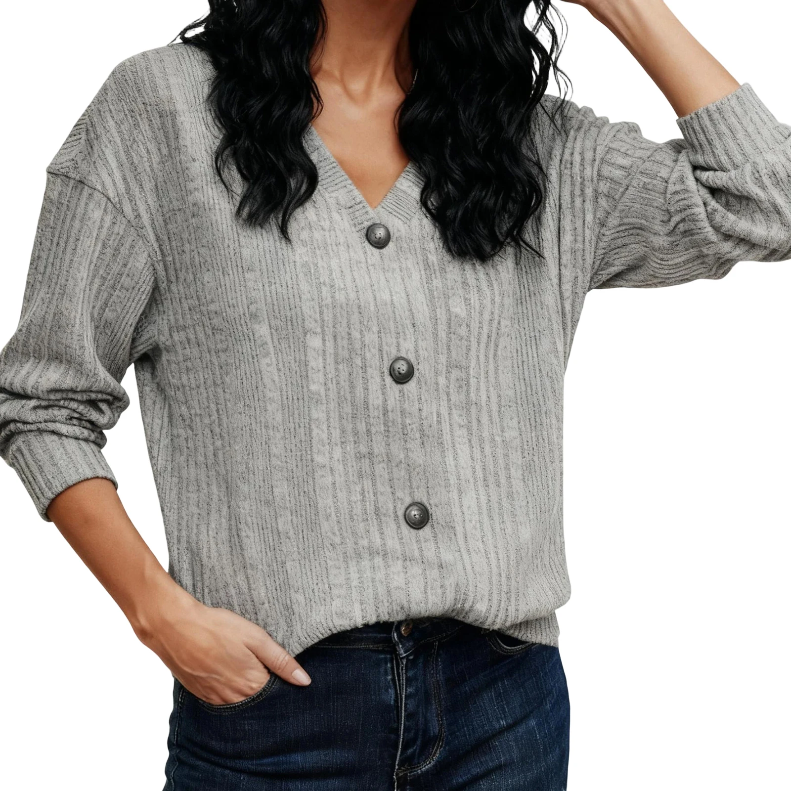 เสื้อสเวตเตอร์สีพื้นคลาสสิกสำหรับผู้หญิง คอวี แขนยาว ติดกระดุมด้านหน้า ผ้าถักแบบริบ ทรงลำลอง