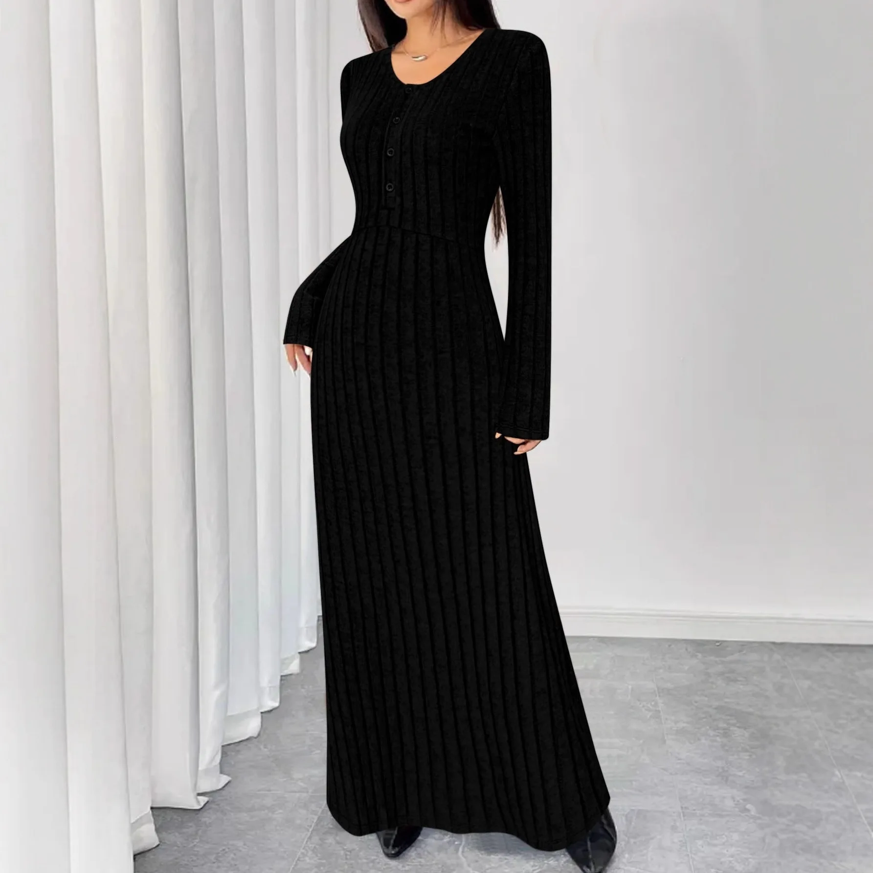 Elegant V-Neck Long Dress Fashionable Dress  2026 new Autumn Winter Fluffy Strip Pattern Women's Stripe Maxi Dress