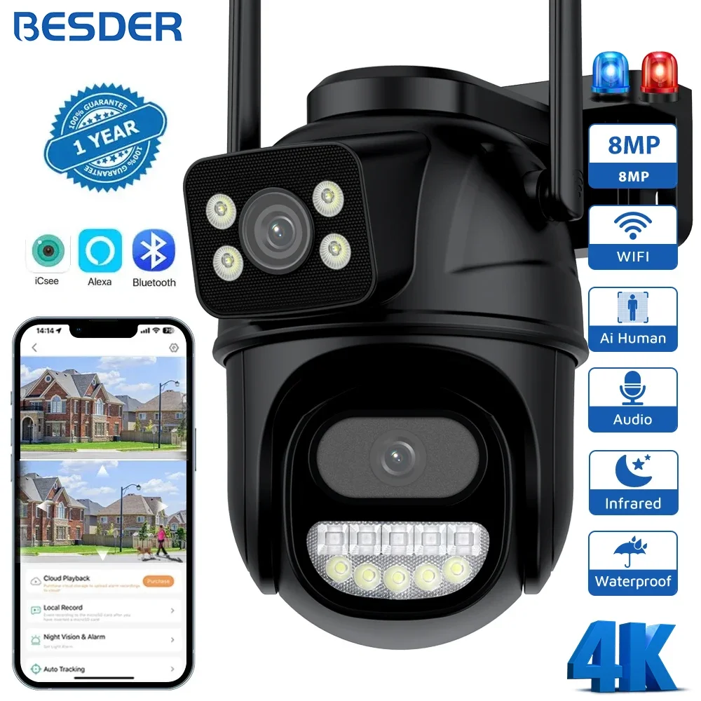 

BESDER PTZ 8MP Wifi Camera Dual Screen Auto Tracking Color Night Vision Outdoor CCTV Camera IP 4K Security Protection iCSee App