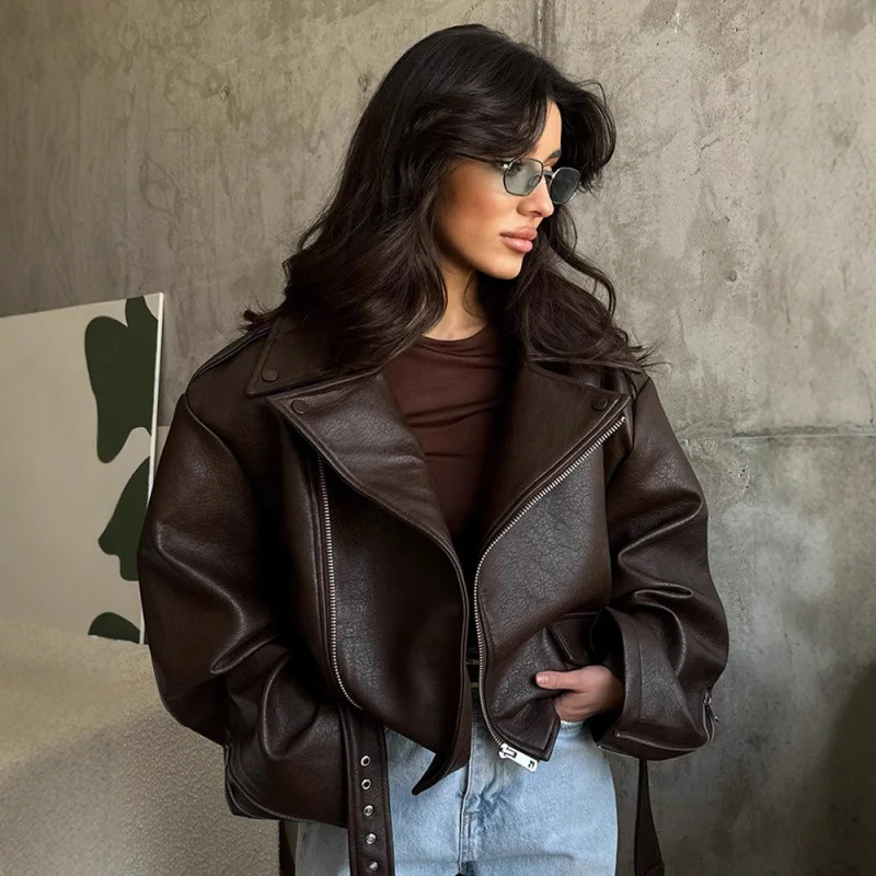 Women's High-end Design Sense New Temperament Lapel Short Strap-up Trendy INS Brown Leather Jacket