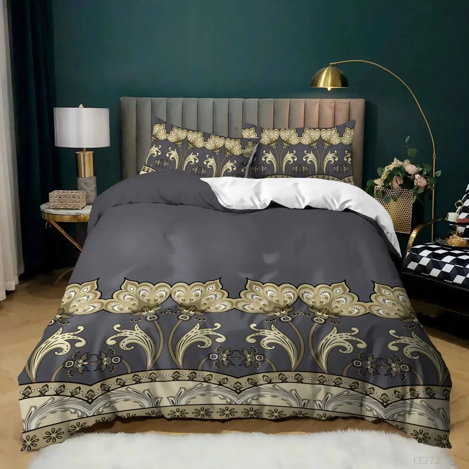 Conjunto de capa de edredão floral de luxo, cama 3D, queen size, king size, simples, macio, confortável colcha, verde e branco