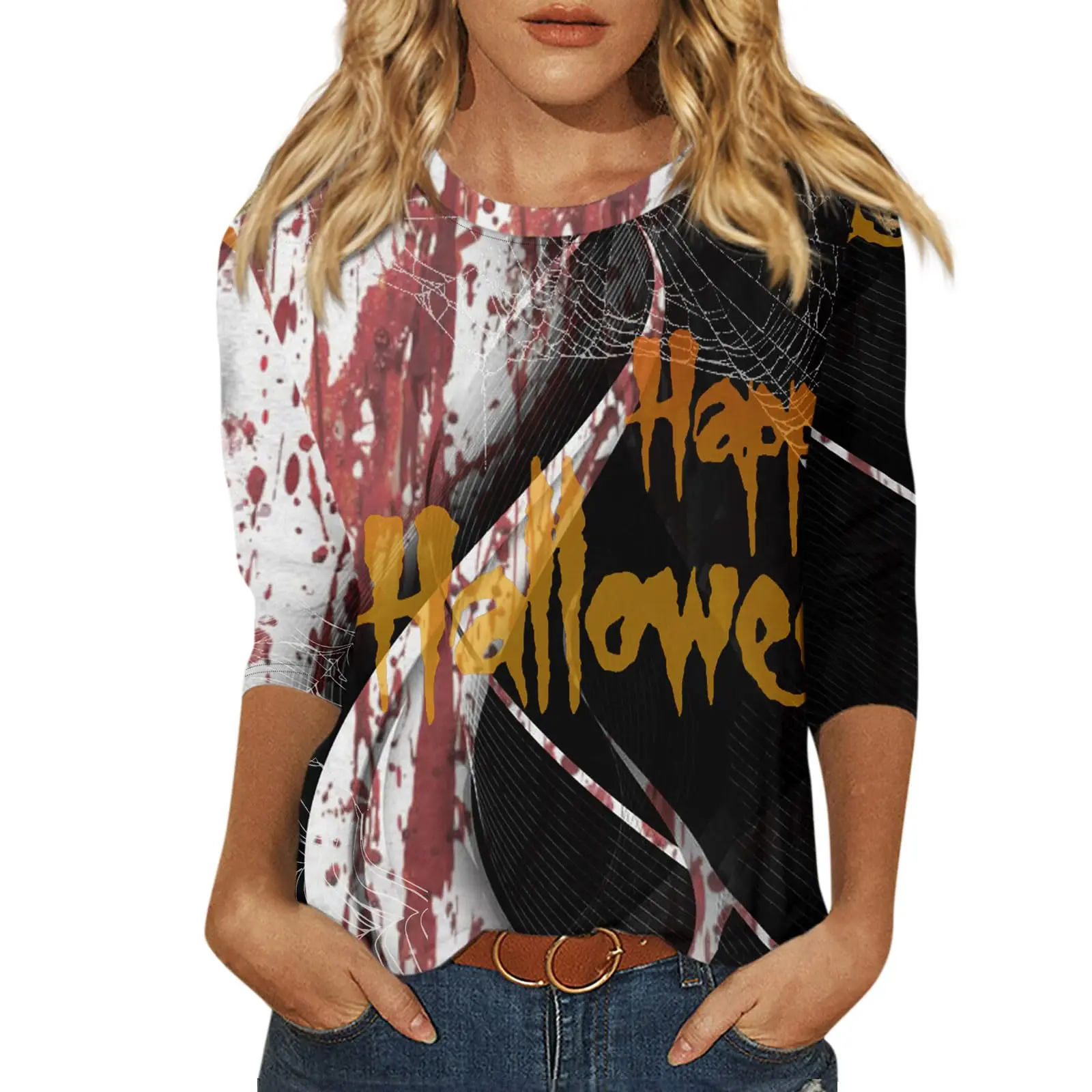 2024 New Women's Halloween Long Sleeve T-Shirt Spider Web Print Round Neck Casual Basic Loose Fashion Ladies Designer Style