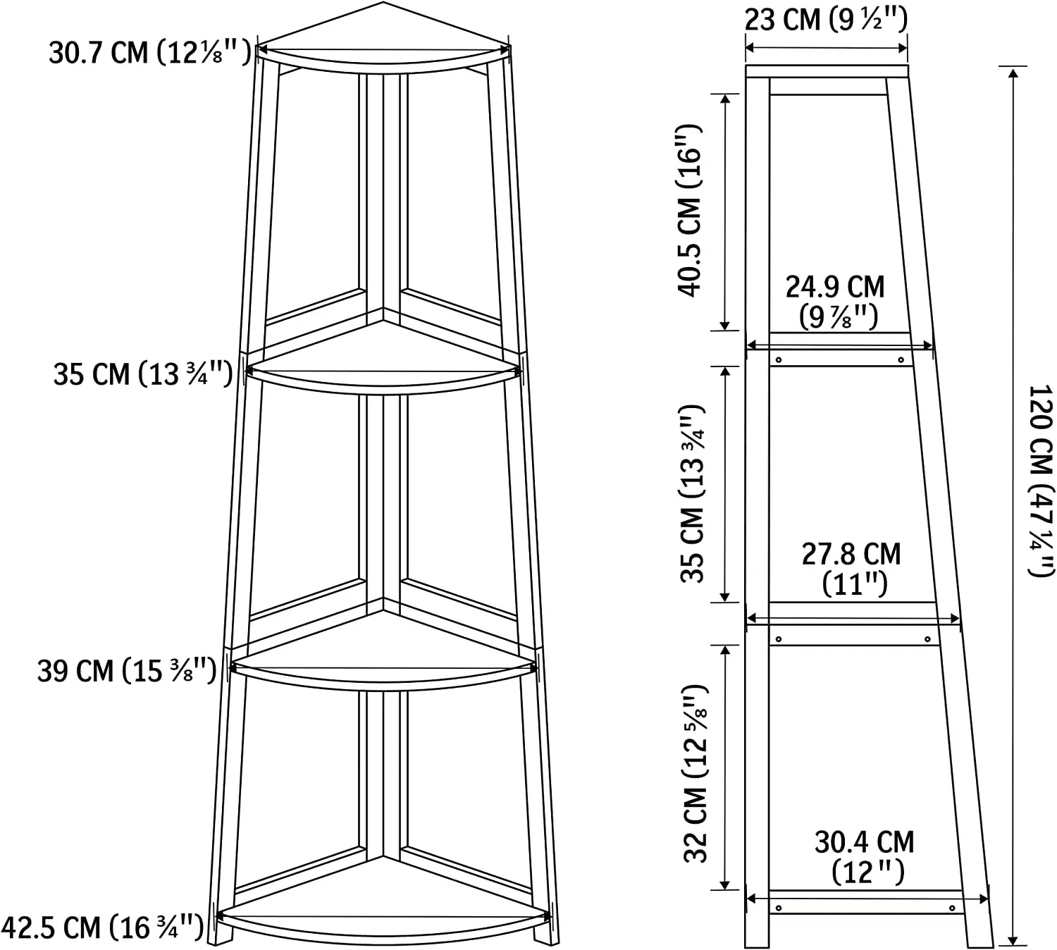 4 Tier Bamboo Corner Shelf 47.2 Inch Tall Bookcase Open Ladder Book Case Modern White/Black Bookshelf Stand in Living Room[US-W]