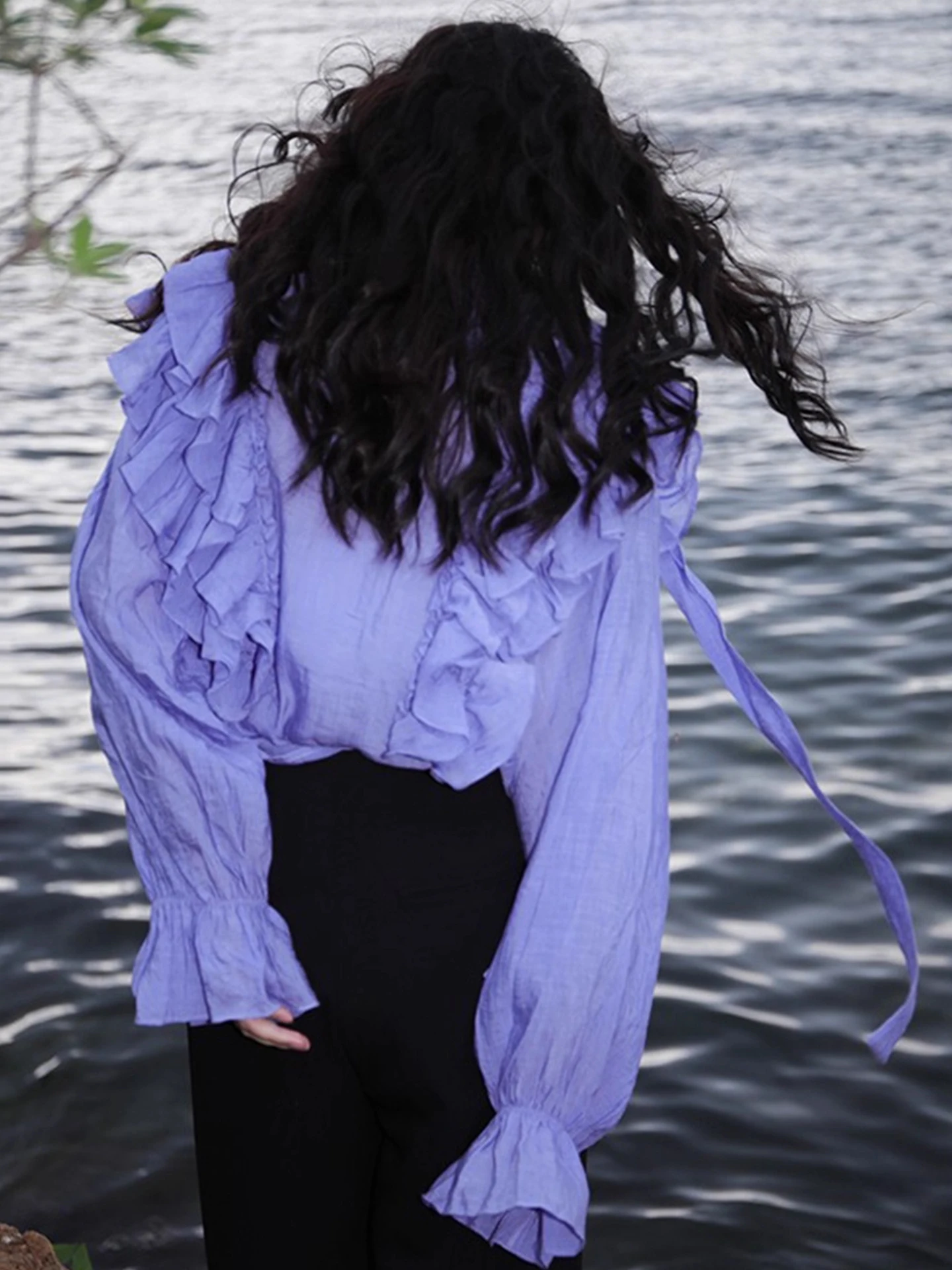 Clothland Women Sweet Ruffled Blouse Lace Tie V Neck Long Sleeve Loose Style Shirt Female Chic Tops Blusa Mujer LB336