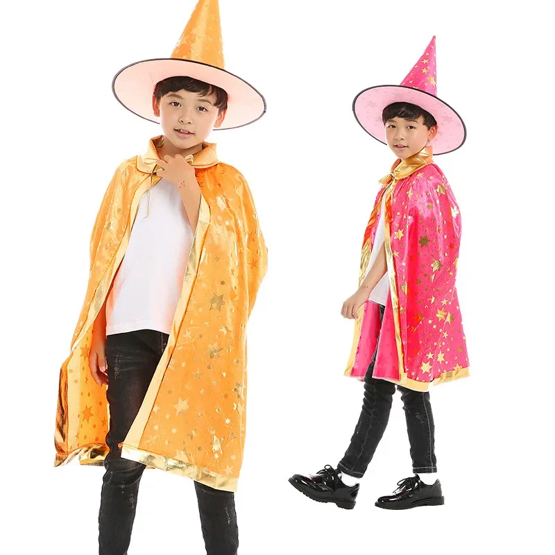 Sydanne Kids Magician Wizard Cloak Hat Cosplay Costume Hot Stamping Five-pointed Star Cloak Party Costume Halloween Costume#1#W.