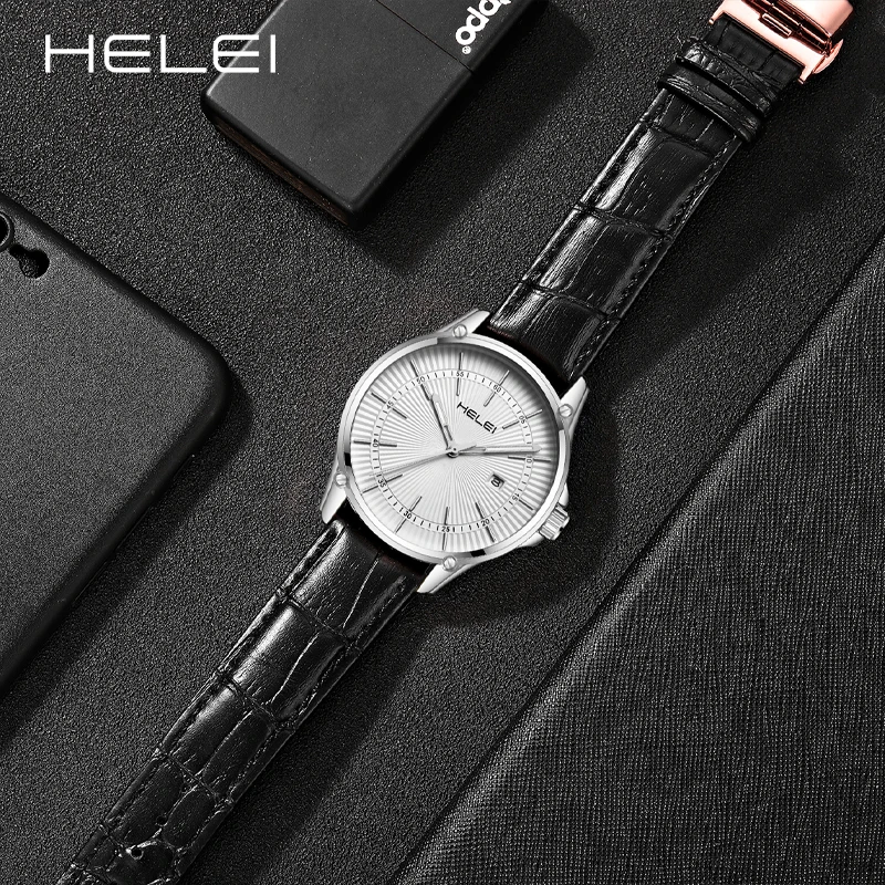HELEI-relojes de cuarzo de lujo para hombre, pulsera de cuero, resistente al agua, de negocios, regalo