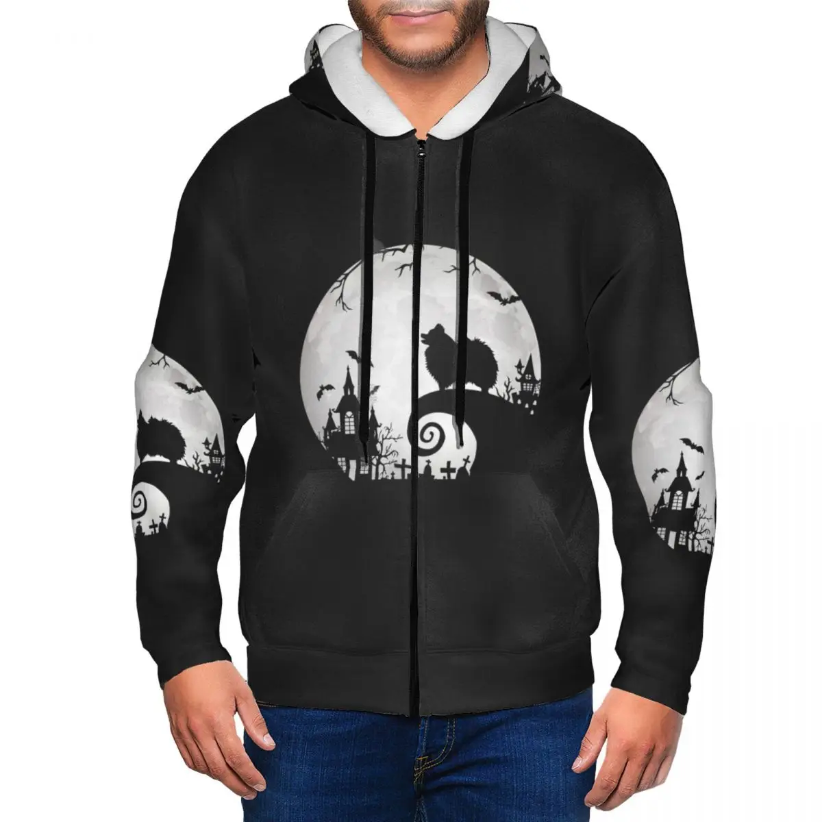 Pomeranian Dog And Moon Halloween Zipper Hoodies Harajuku Pullover Autumn Winter Men Women Sweatshirt Long Sleeve Tops