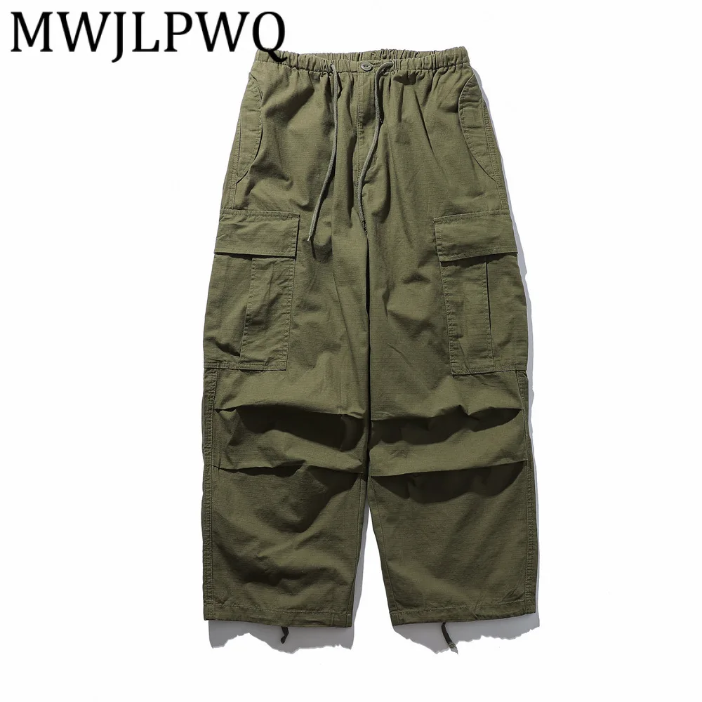 

MWJLPWQ Men's Cargo INS Functional Outdoor Pleated Wide-Leg Pants Multi Pocket American Loose Casual Drawstring Trousers 21837