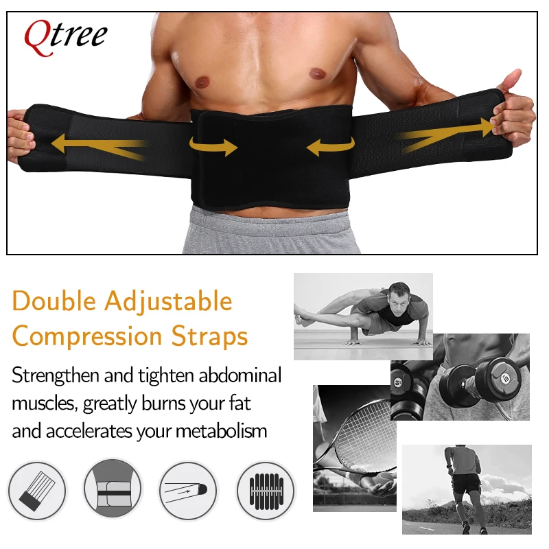 Qtree Men Waist Trainer Weight Loss Belt Slimming Body Shaper Workout Fat Burning Corset Sauna Sweat Wrap Fitness Trimmer Strap