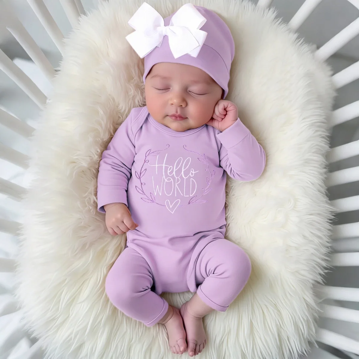 Ylsteed Newborn Romper Jumpsuit with Bow Hat 'Hello World' Embroidery Infant Photography Props for Coming Home Outfit Baby Gift