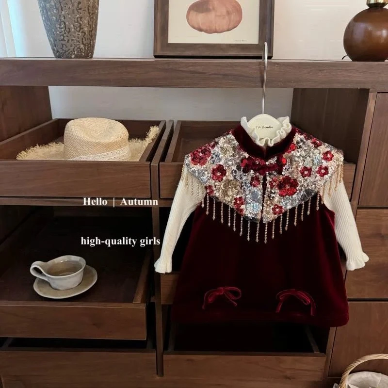 

New Year custom heavy-duty girls velvet cheongsam dress stylish comfortable and beautiful girls clothes