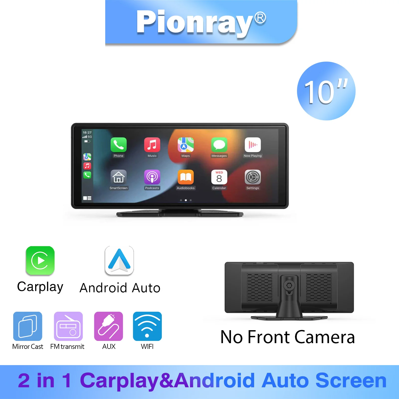 Pionray 10 '' Portable CarPlay Smart Touchscreen autoradio avec sans fil Android Auto miroir lien connexion AUX FM GPS