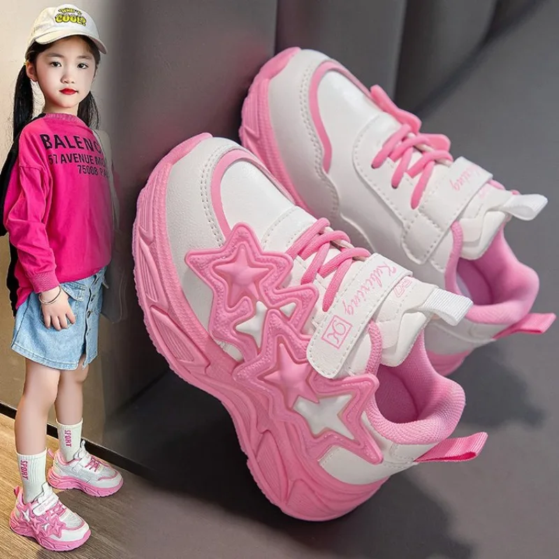 Children Casual Shoes for Girls Fashion Classic with Stars Girls Sports Running Sneakers Breathable PU + Rubber Anti-skid Soft