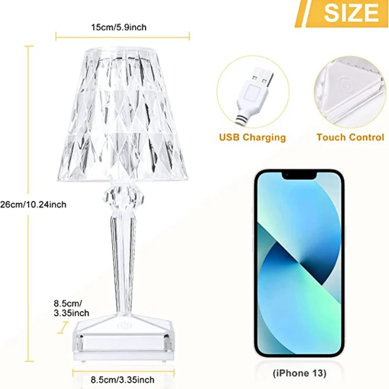 Lampada da tavolo diamante 16 colori Touch LED lampada da tavolo lampada romantica atmosfera di cristallo luce notturna USB per ristorante/Hotel/decorazioni per la casa
