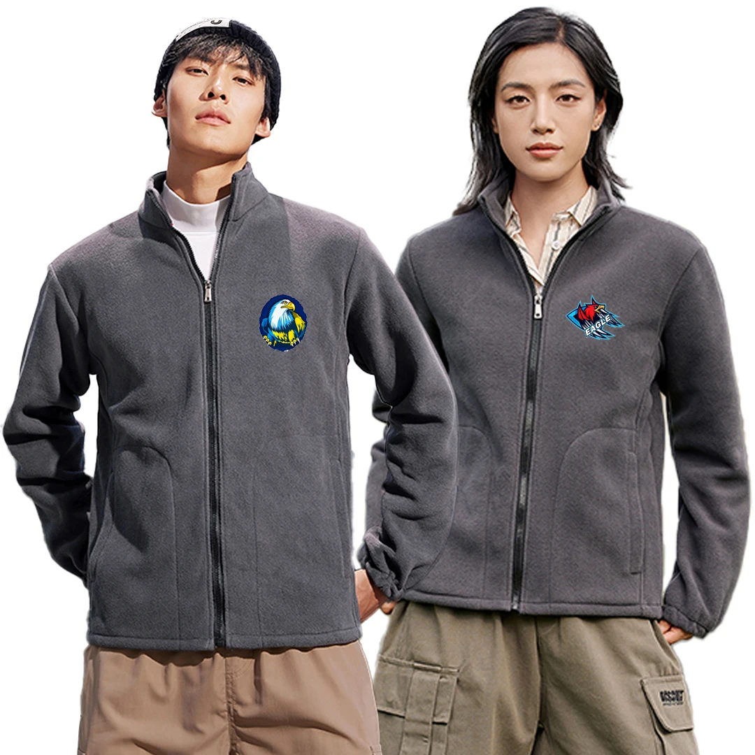 Custom Men's Plus Size Polar Fleece Zip-Up Jacket Print Design Logo Warm Windproof Winter Outdoor Hiking Camping Plush Outerwear