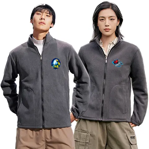 Custom Men's Plus Size Polar Fleece Zip-Up Jacket Print Design Logo Warm Windproof Winter Outdoor Hiking Camping Plush Outerwear