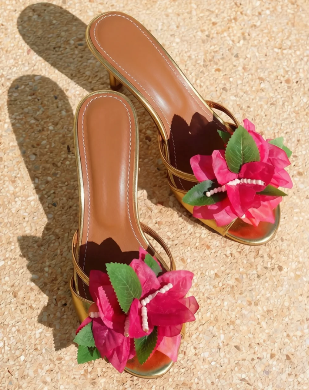 Metallic Gold Wrap Ankle Stiletto Sandals Round Open Toe Large Flower Decorate Gold Leg Straps Elegant Summer Vacation Sandals view 5