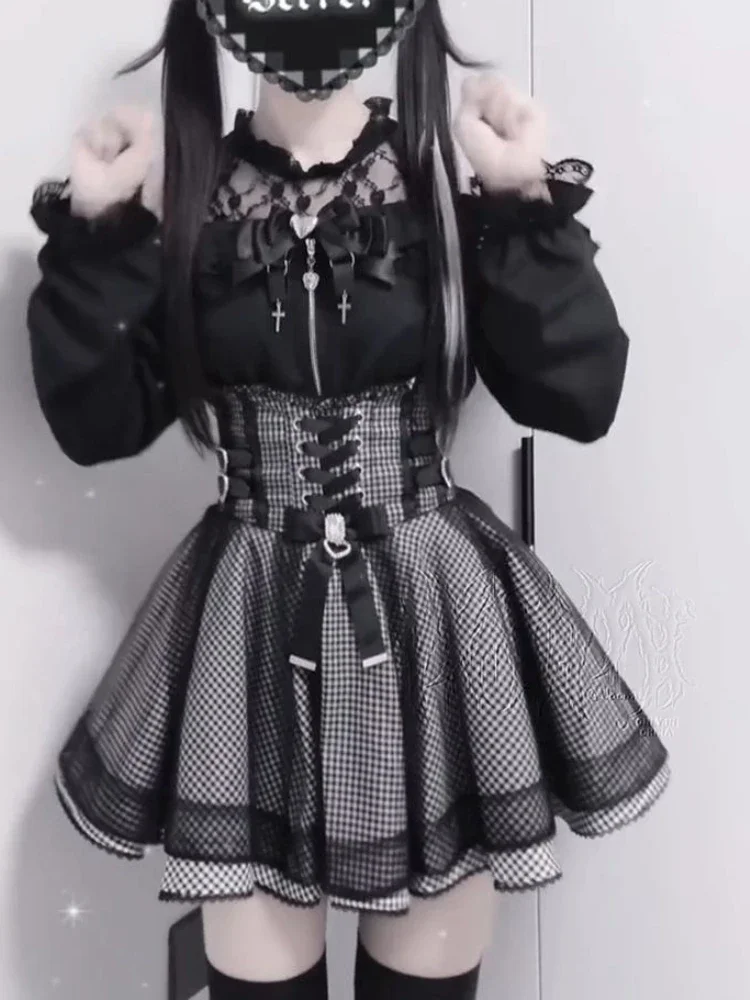 Süße elegante Kawaii schlanke schulterfreie Anzug Damen japanische schöne Spitze neue schwarze kurze Rock Anzug Mode Vintage Lolita Set