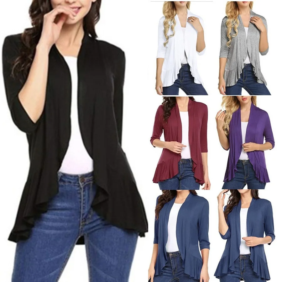 Women\'s Cardigan Spring Summer Autumn Clothing Solid Color Slim Top Ruffle Hem Three Quarter Sleeve Thin Simple Coat Black Blue