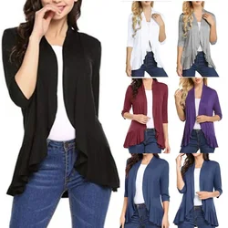 Cardigan à manches trois-quarts pour femmes, vêtement de couleur unie, haut Slim à volants, ourlet, manteau Simple, noir, bleu, printemps, été, automne