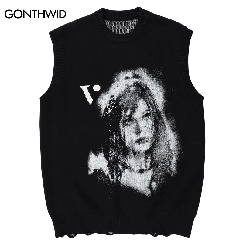 Ripped Sweater Vest Y2K Grunge Hip Hop Retro Graphic Print Sleeveless Jumper Streetwear 2023 Harajuku Punk Goth Pullover Sweater