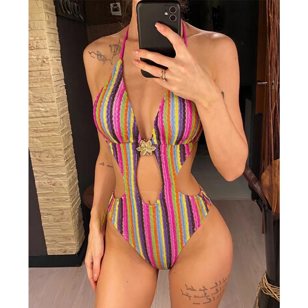 Gestreifter, farbenfroher, ausgeschnittener, einteiliger Badeanzug mit Neckholder für Damen, Monokini mit hohem Beinausschnitt, Badebekleidung, Badeanzug, Schwimmanzug V8304 – Detail 3
