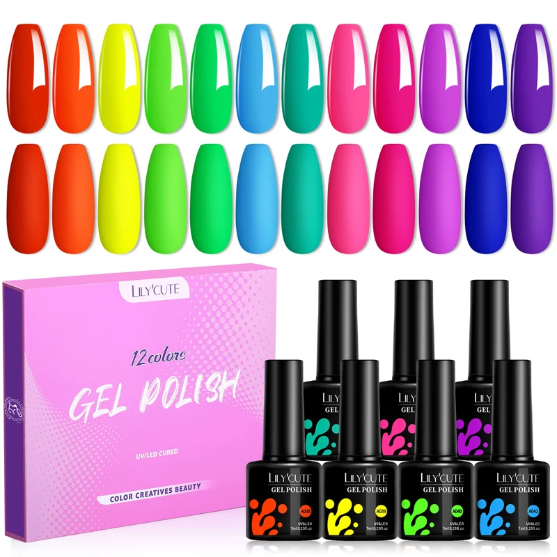 LILYCUTE Nail Gel Polish Set 7ml Spring Summer Fluorescence Color Semi Permanent All For Manicure Nails Art Gel Varnishes Kit