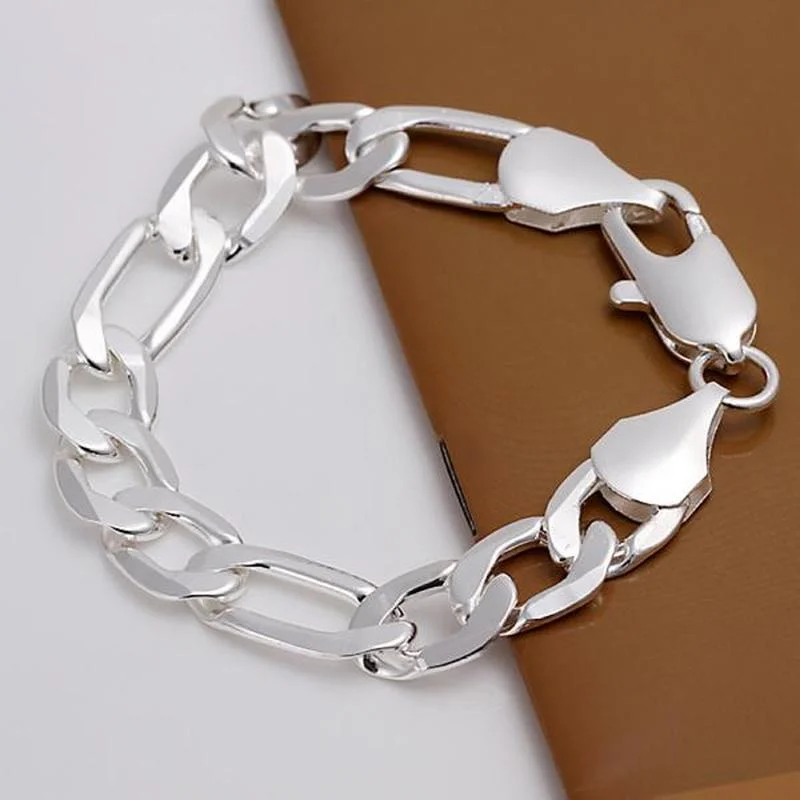 

925 Sterling Silver Bracelets 12mm Flat Sideways 20cm Chain For Men Classic Wedding Party Wild Christmas Gift Fashion Jewelry