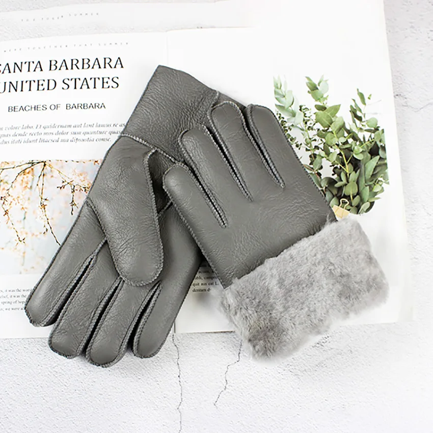 Winter Thick Warm Sheepskin Fur Gloves Men\'s Fashion Leather Windproof and Cold-Proof Wool Outdoor Driving Dloves Points