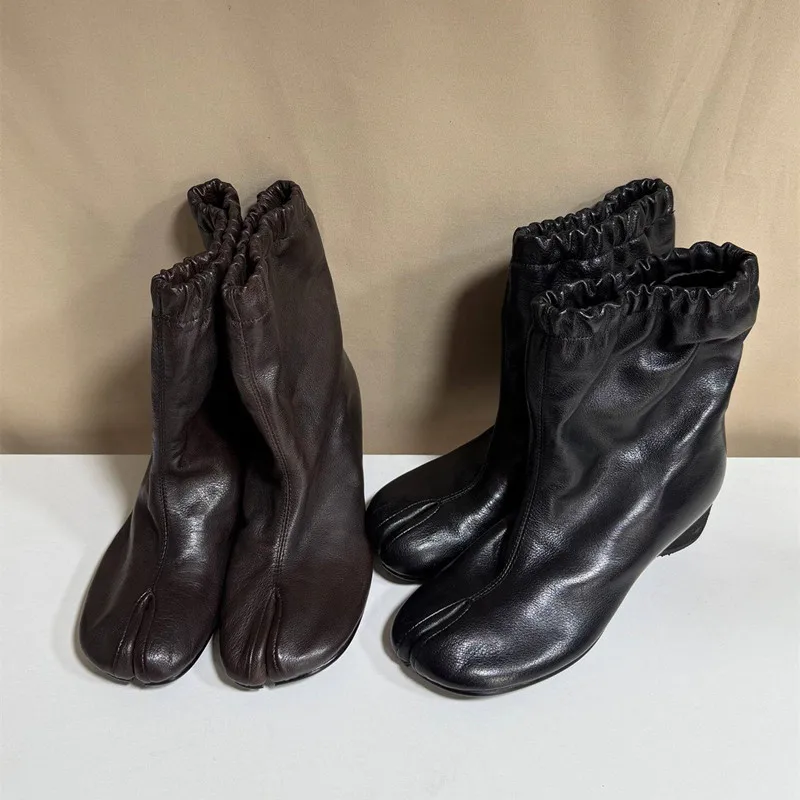 Autumn Winter Fashion Elastic Band Split toe Women Ankle Boots Comfortable Soft Leather Med Heeled Tabi Chunky Short Boots Shoes