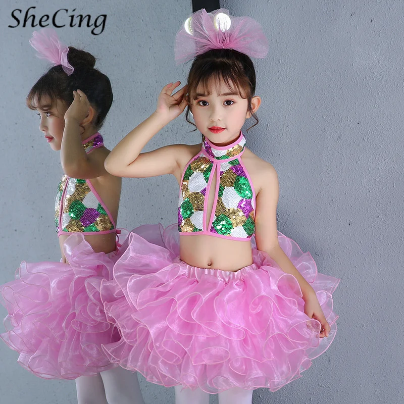 

Детские блестящие танцевальные костюмы в стиле хип-хоп с блестками, балетный топ с бретелькой на шее для девочек, сетчатое платье-пачка, современный комплект костюмов для латинского джаза
