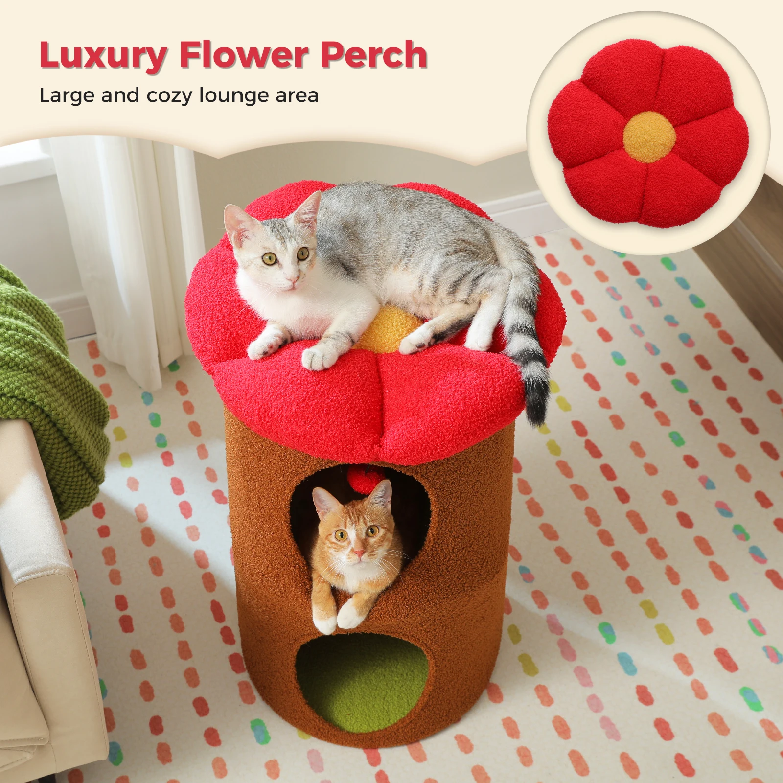 Double-Deck Cat House with Cozy Large Condos, Spacious Cat Bed with Luxury Flower Perch, Pompom Ball, Cat Furniture for Indoor