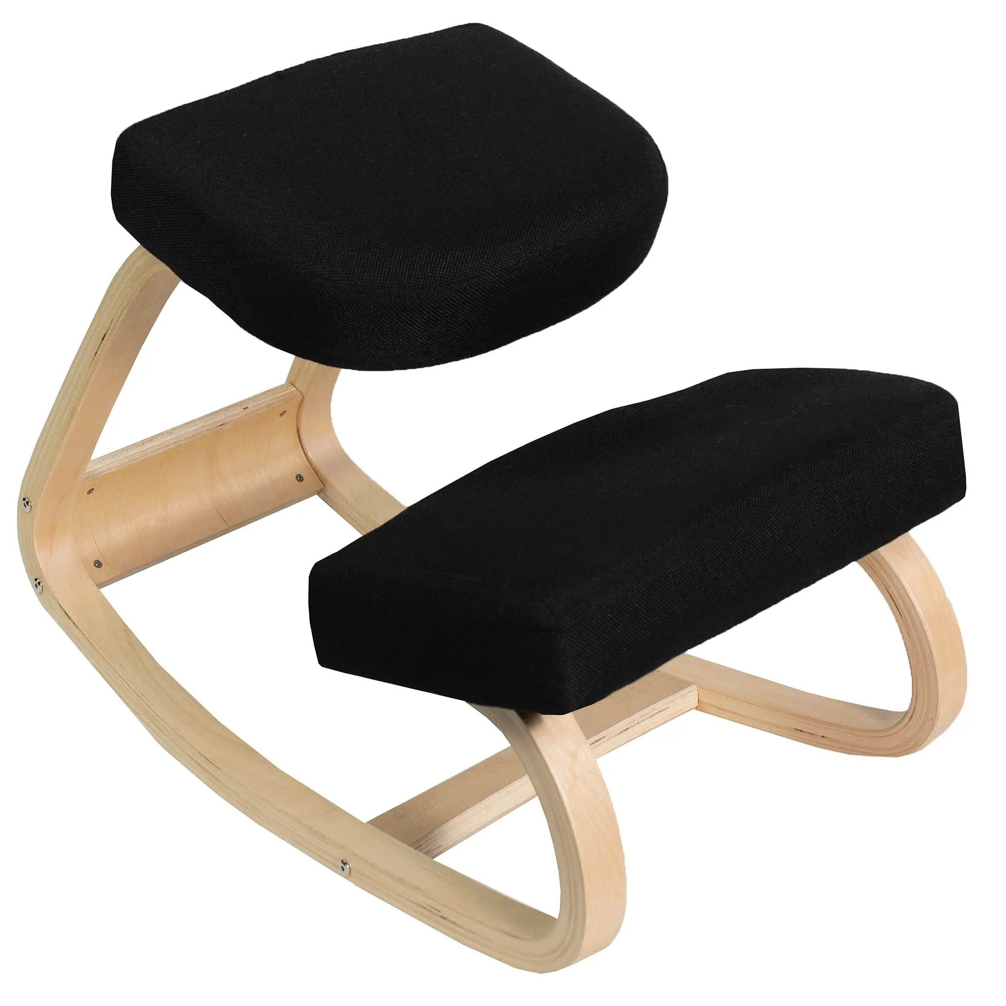 Wooden Rocking Kneeling Chair, Ergonomic Home Office Stool Posture Seat, Thick Black Cushions, Light Wood Frame