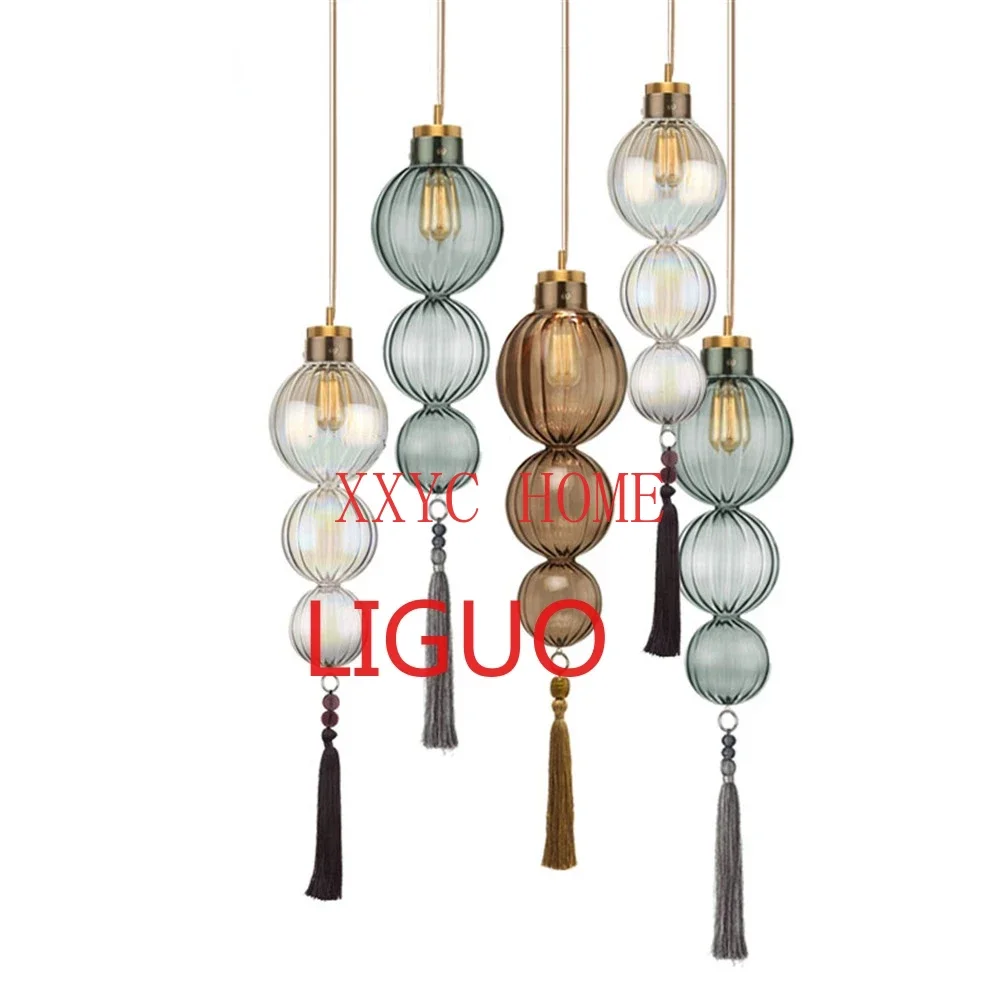 

Chinese Style Stained Glass Gourd Tassel Pendant Lights Loft Living Room Kitchen Bedside Lamp Art Deco Indoor Lighting Fixture