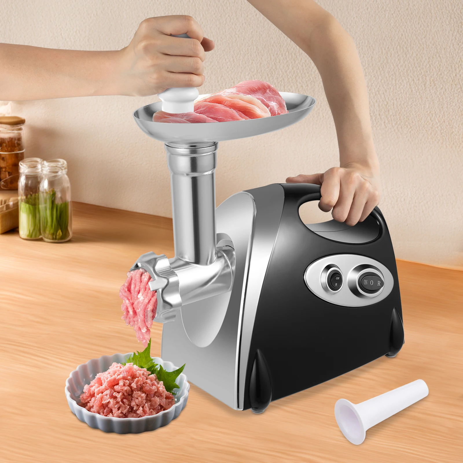 Hachoir à viande électrique 800W, hachoir pour bœuf et porc, hachoir alimentaire de cuisine avec outils de fabrication de croquettes et de nouilles avec 3 plaques de coupe